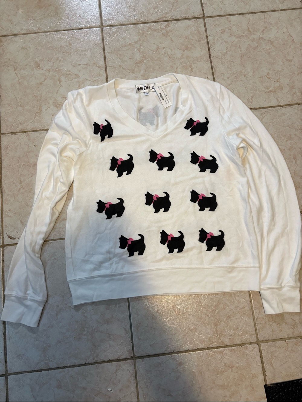 Wildfox Women’s White V-Neck Sweatshirt with Black Scotty Dogs and Pink Bows